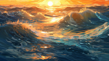 Brilliant Sea with Sun Reflections. Creative resource, AI Generatedの素材