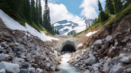 See of softening snow in a cave. Creative resource, AI Generatedの素材