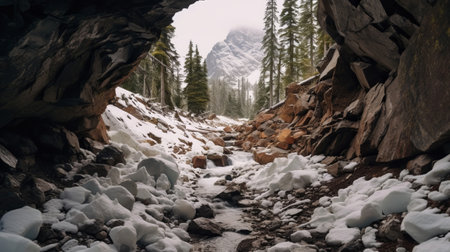See of softening snow in a cave. Creative resource, AI Generatedの素材