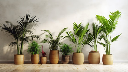 Unmistakable tropical plants in wicker pots close white divider at family. Creative resource, AI Generatedの素材