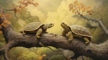 Two turtles on tree division. Creative resource, AI Generatedの素材