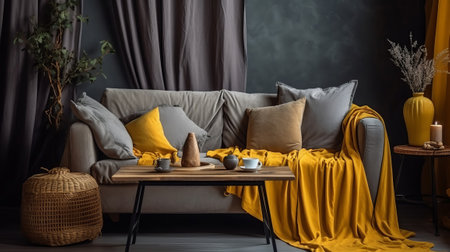 The in arrange boho compostion at living room interior parts parts with organize gray discharge chair, wooden coffee table, commode and brilliant individual extra things. AI Generatedの素材