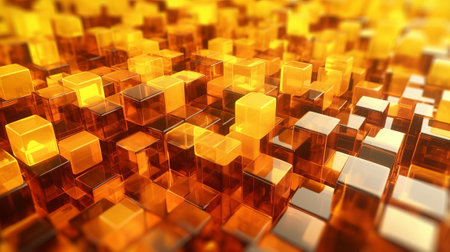 Orange and Yellow, Bursting 3d shapes Totally Organized to make a Cutting edge Tech See. Creative resource, AI Generatedの素材