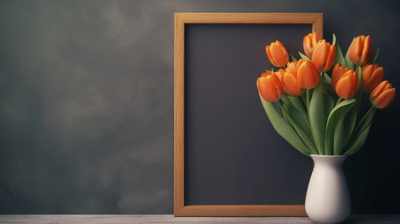 A bouquet of orange tulips in a vase. Chart with a development spot cheerful Mother's Day. Creative resource, AI Generatedの素材