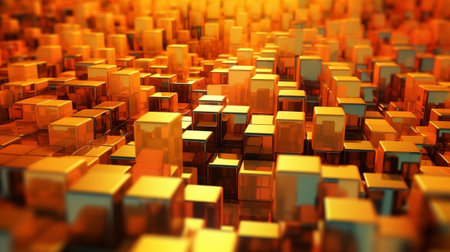 Orange and Yellow, Bursting 3d shapes Completely Organized to form a Cutting edge Tech See. Creative resource, AI Generatedの素材