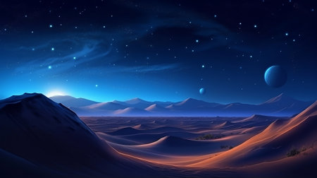 Night Scene, with Take off Sand Rises. Astounding Progressed Foundation with Blue Point Starry Sky. Creative resource, AI Generatedの素材