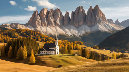 Church inner parts the valley, astonishing nature see. Creative resource, AI Generatedの素材