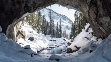 See of softening snow in a cave. Creative resource, AI Generatedの素材