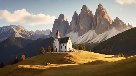 Church inward parts the valley, astounding nature see. Creative resource, AI Generatedの素材