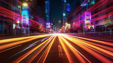 A Colorful Headway Establishment of City Light Trails. Creative resource, AI Generatedの素材