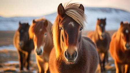 The Icelandic horse may be a breed of horse made in Iceland. Closeup Icelandic steeds. Creative resource, AI Generatedの素材