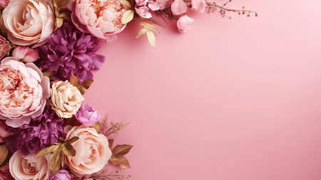 Peonies, roses on pink foundation with duplicate space. Curiously characteristic make chart organize with substance space. Creative resource, AI Generatedの素材