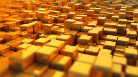 Orange and Yellow, Bursting 3d shapes Completely Organized to form a Cutting edge Tech See. Creative resource, AI Generatedの素材