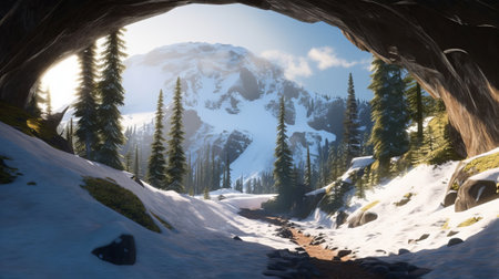 See of softening snow in a cave. Creative resource, AI Generatedの素材