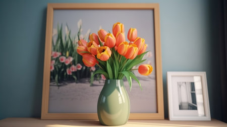 A bouquet of orange tulips in a vase. Chart with a headway spot cheerful Mother's Day. Creative resource, AI Generatedの素材