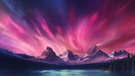 Bothered Mountains with Aurora Borealis. Fuchsia Sky Foundation with copyspace. Creative resource, AI Generatedの素材