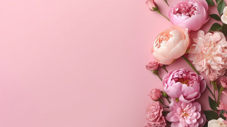 Peonies, roses on pink foundation with duplicate space. Curiously characteristic make chart organize with substance space. Creative resource, AI Generatedの素材