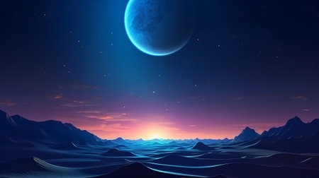 Night Scene, with Take off Sand Rises. Shocking Advanced Establishment with Blue Point Starry Sky. Creative resource, AI Generatedの素材