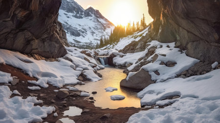 See of softening snow in a cave. Creative resource, AI Generatedの素材