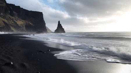See of dim sand shoreline, sea waves. Creative resource, AI Generatedの素材
