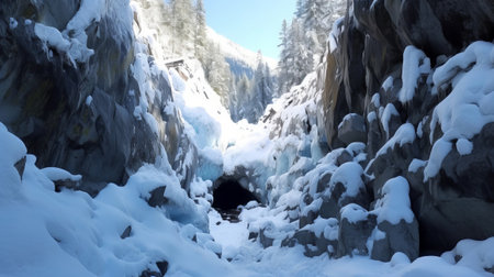 See of softening snow in a cave. Creative resource, AI Generatedの素材