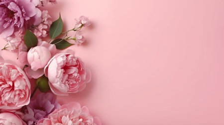 Peonies, roses on pink establishment with copy space. Inquisitively characteristic make chart organize with substance space. Creative resource, AI Generatedの素材