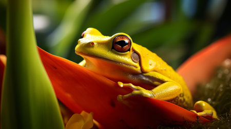 Closeup of a yellow frog on a heliconia plant, Indonesia. Creative resource, AI Generatedの素材