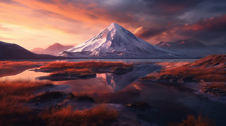 Disorienting sunset, mountain and lake. Creative resource, AI Generatedの素材