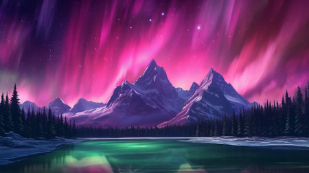 Bothered Mountains with Aurora Borealis. Fuchsia Sky Foundation with copyspace. Creative resource, AI Generatedの素材