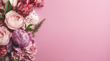 Peonies, roses on pink establishment with copy space. Inquisitively characteristic make chart organize with substance space. Creative resource, AI Generatedの素材