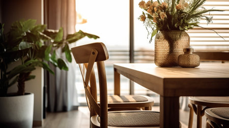 private internal parts eating room with wood chair and wood table,vase with flowers,plant. Creative resource, AI Generatedの素材