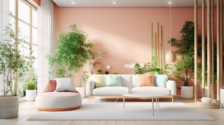 Zen interior parts parts with pruned bamboo plant, common inside parts organize concept, colored advanced living room, pastel colors, regard organize. Creative resource, AI Generatedの素材