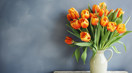 A bouquet of orange tulips in a vase. Chart with a progress spot cheerful Mother's Day. Creative resource, AI Generatedの素材