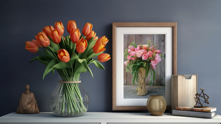 A bouquet of orange tulips in a vase. Chart with a advance spot cheerful Mother's Day. Creative resource, AI Generatedの素材