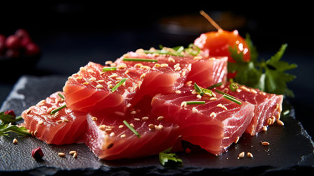 Tasty sashimi (pieces of unused rough angle with sesame seeds) on dull board, closeup. Creative resource, AI Generatedの素材