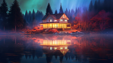 private shines over lake. Creative resource, AI Generatedの素材