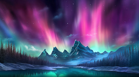 Bothered Mountains with Aurora Borealis. Fuchsia Sky Establishment with copyspace. Creative resource, AI Generatedの素材