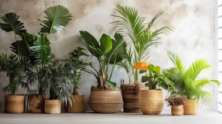 Unmistakable tropical plants in wicker pots near white divider at family. Creative resource, AI Generatedの素材