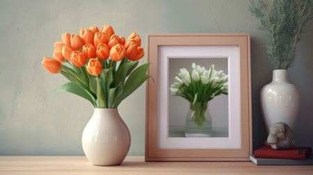 A bouquet of orange tulips in a vase. Chart with a development spot cheerful Mother's Day. Creative resource, AI Generatedの素材