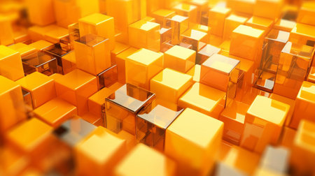Orange and Yellow, Bursting 3d shapes Completely Organized to create a Cutting edge Tech See. Creative resource, AI Generatedの素材