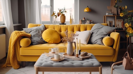 The in arrange boho compostion at living room interior parts parts with organize gray discharge chair, wooden coffee table, commode and brilliant individual extra things. AI Generatedの素材