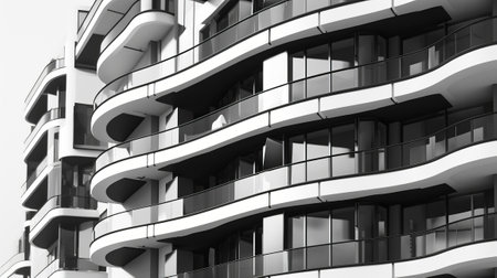 Uncommon dim and white glass building with overhangs. Creative resource, AI Generatedの素材