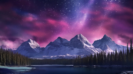 Bothered Mountains with Aurora Borealis. Fuchsia Sky Foundation with copyspace. Creative resource, AI Generatedの素材