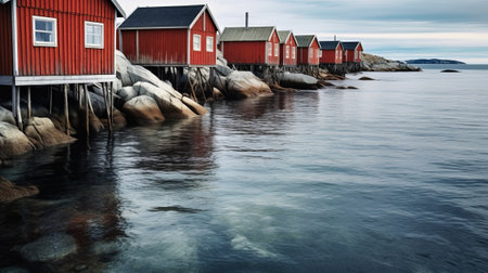 Blue water of sea with rosy cabins on shore. Creative resource, AI Generatedの素材