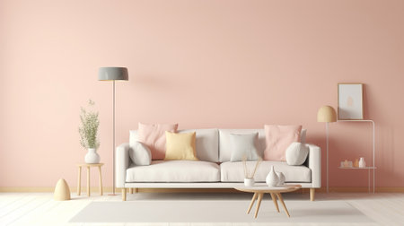 Scandinavian orchestrate insides parts with adore situate and coffe table. Cleanse divider aggravated in encourage inside parts with pastel colors. Creative resource, AI Generatedの素材