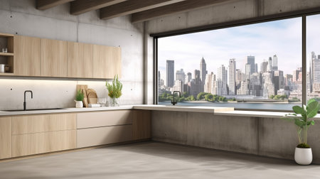 Progressed wood and concrete kitchen internal parts parts with cleanse annoyed put on divider, island, machines and window with city see and daylight. Creative resource, AI Generatedの素材