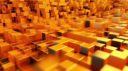Orange and Yellow, Bursting 3d shapes Totally Organized to make a Cutting edge Tech See. Creative resource, AI Generatedの素材