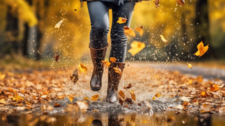 Lady wearing rain versatile boots strolling running and bouncing into puddle with water sprinkle and drops in store time rain. Creative resource, AI Generatedの素材