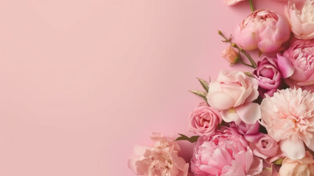 Peonies, roses on pink foundation with duplicate space. Curiously characteristic make chart organize with substance space. Creative resource, AI Generatedの素材