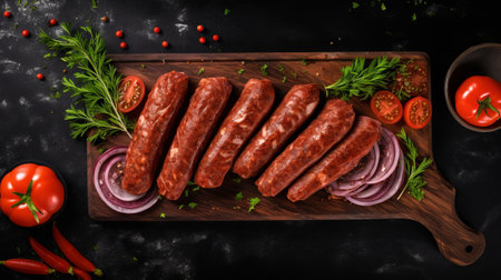 Cut halal Sucuk meat meat wiener. Disquieting establishment. Best see. Copy space. Creative resource, AI Generatedの素材